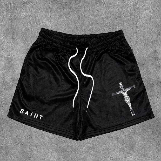 Saint Jesus Cross Print Mesh Shorts