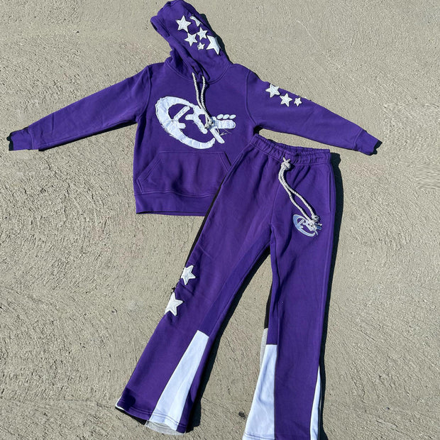 Retro personality contrasting star pattern hoodie set