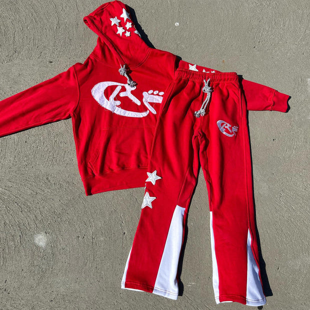 Retro personality contrasting star pattern hoodie set