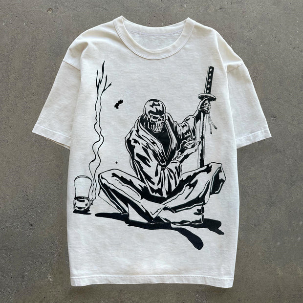 Skull Samurai Print Short Sleeve T-Shirt