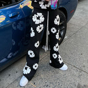 Casual Flower Print Pocket Flared Trousers