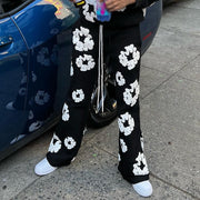 Casual Flower Print Pocket Flared Trousers