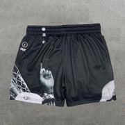 Trophies Print Zipper Pocket Mesh Drawstring Shorts