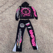 Amusement park print casual street patchwork trousers and hoodie two-piece set