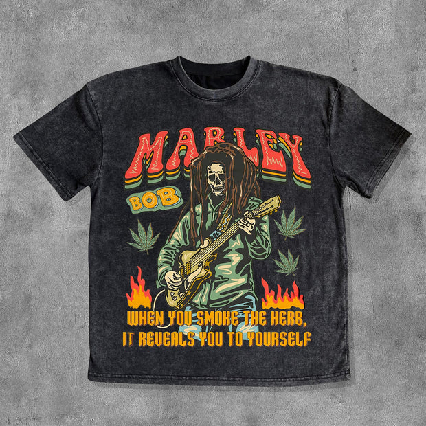 Bob Marley Print Washed Short Sleeve T-Shirt