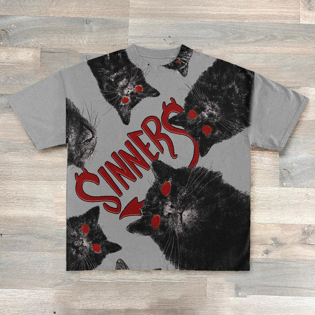 Sinners & Cat Print Short Sleeve T-Shirt