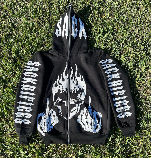 Casual street skull print full zip hoodie two piece set