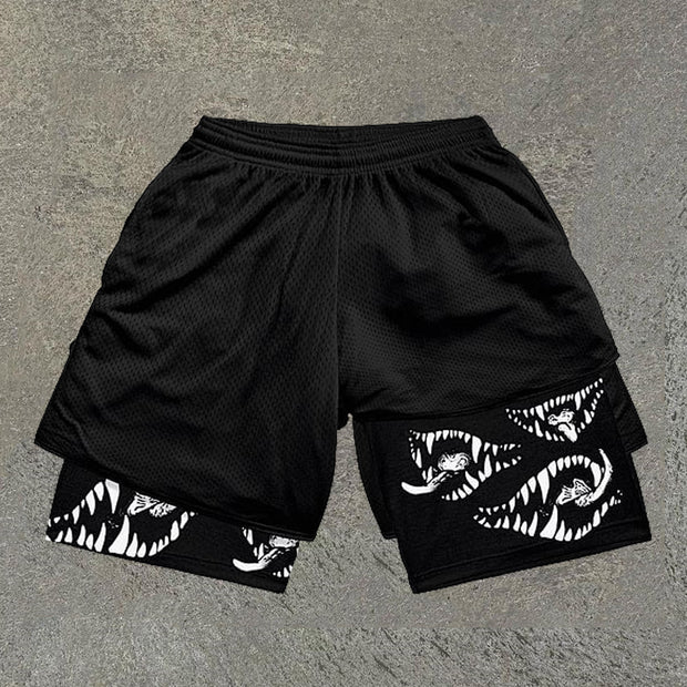 Chinese Dead Print Double Layer Mesh Shorts