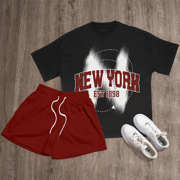 New York Est 1898 Print T-Shirt Mesh Shorts Two-Piece Set