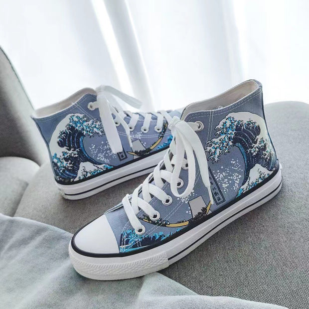 Casual high-top canvas shoes with wave pattern