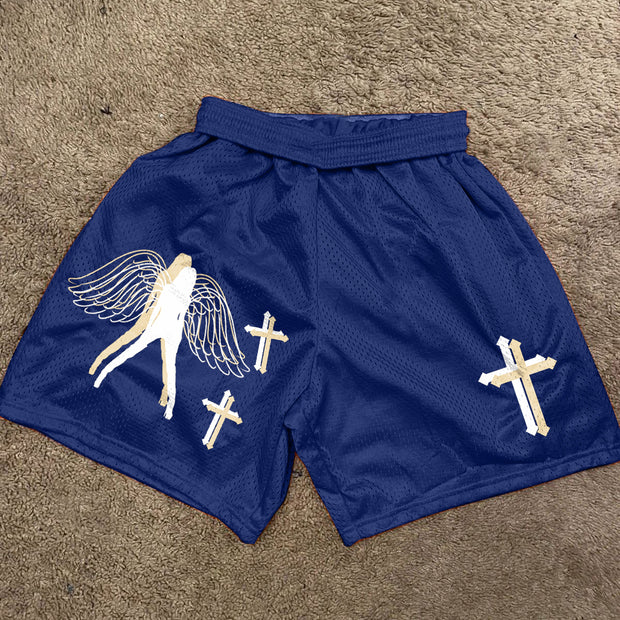 Angel Print Cross Casual Mesh Shorts