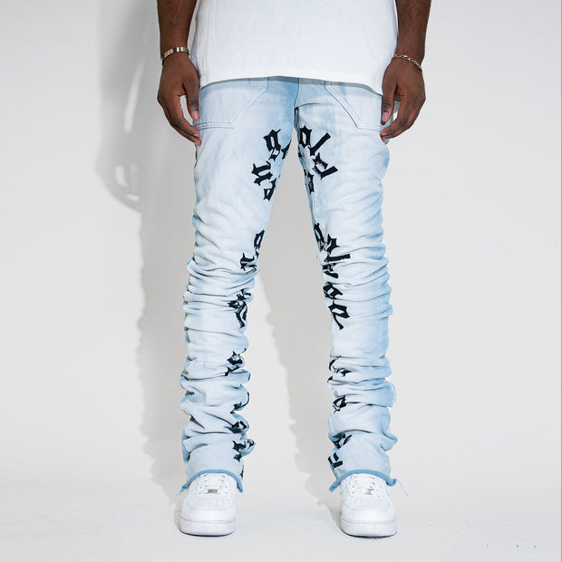 Casual street retro washed printed street stacked denim trousers