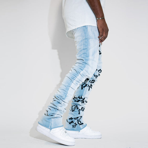 Casual street retro washed printed street stacked denim trousers