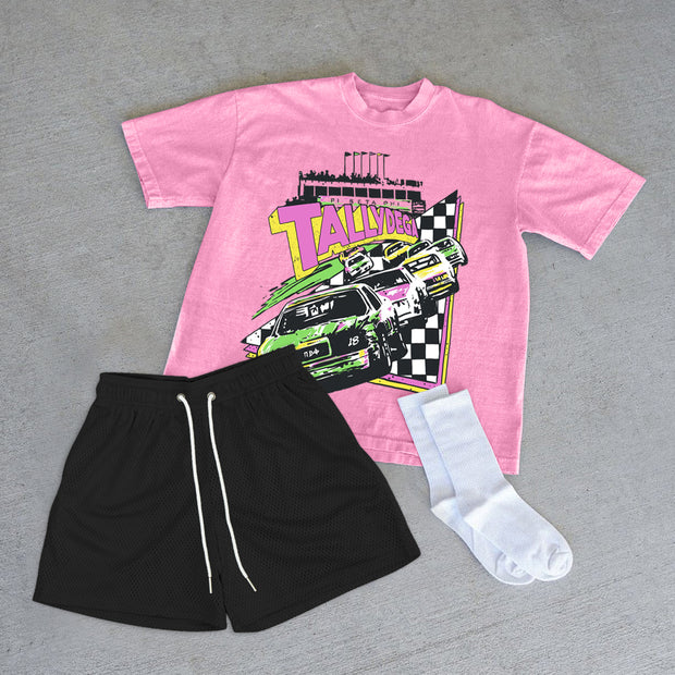 Fashion casual preppy racing print T-shirt and shorts two-piece set