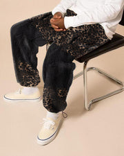 Fashion trend leopard print contrast color fleece men's casual pants