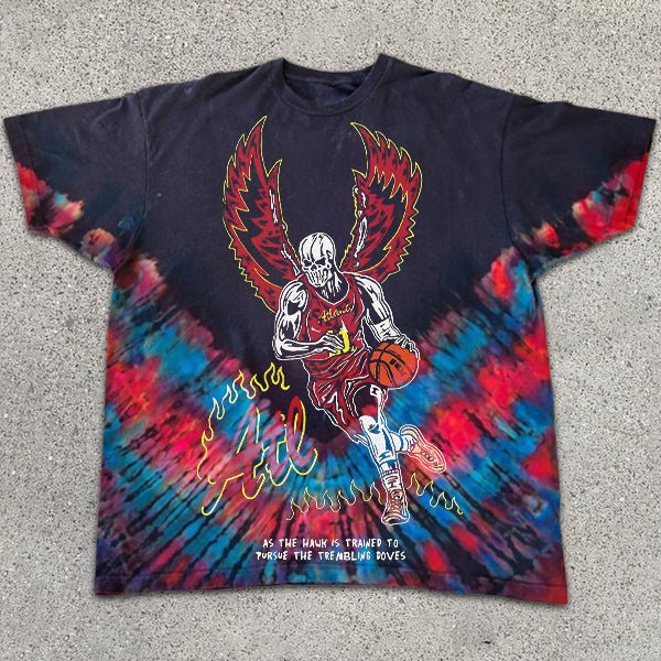 Skull Basketball Graphic Print Tie-Dye Short Sleeve T-Shirt