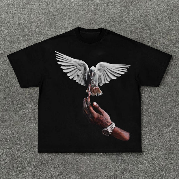 Retro pigeon print casual short-sleeved T-shirt