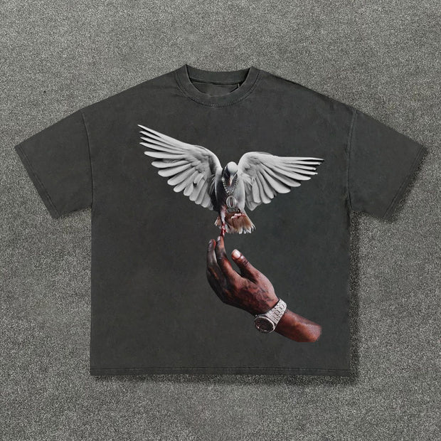 Retro pigeon print casual short-sleeved T-shirt