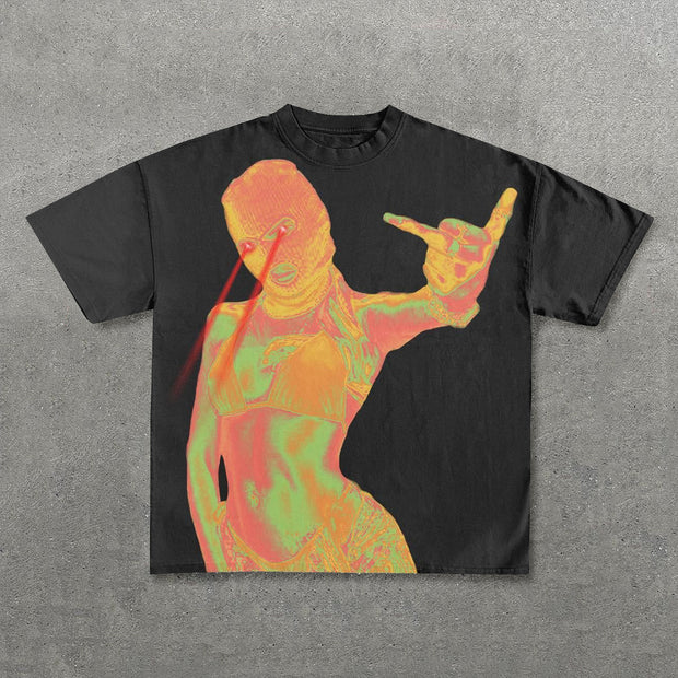 Rock Mask Girl Print Short Sleeve T-Shirt
