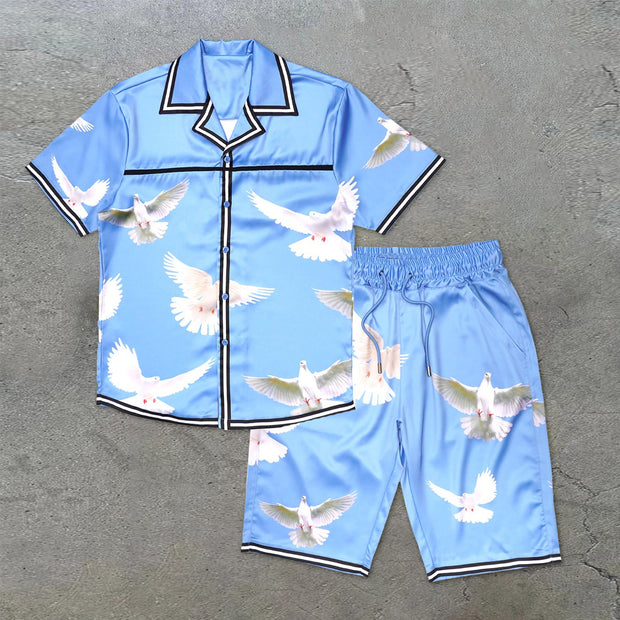 Artistic print casual trendy brand pigeon short-sleeved shorts suit