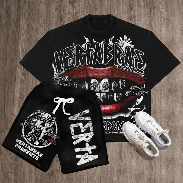 Vertabrae Mouth Print T-Shirt Shorts Two-Piece Set