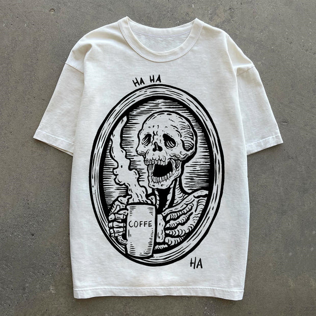 Skull Coffee Print Short Sleeve T-Shirt