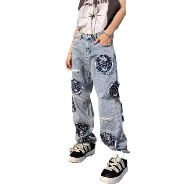 Washed ripped vibe distressed embroidered jeans