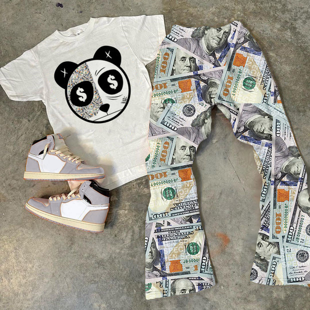 Money & Panda Print T-Shirt Trousers Two-Piece Set