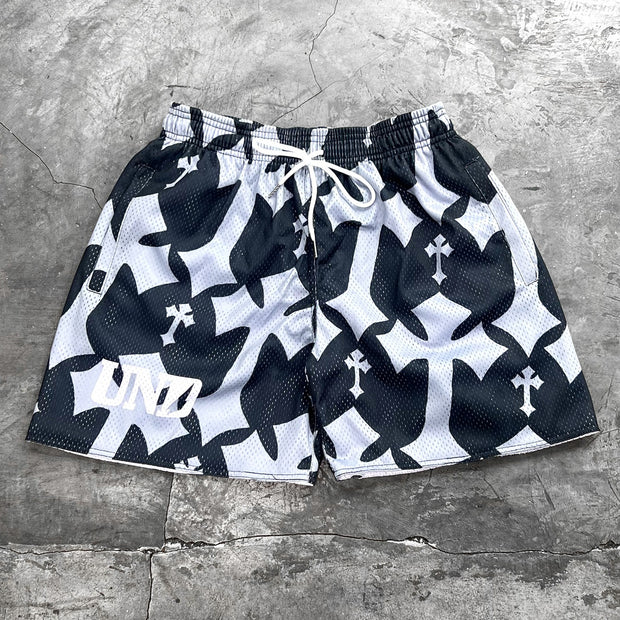 Cross print casual street mesh shorts