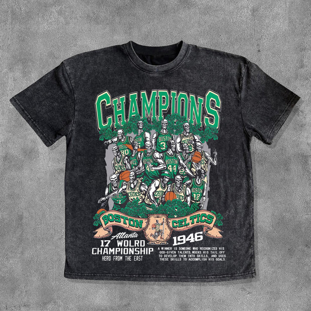 Basketball Champions Print Washed Short Sleeve T-Shirt