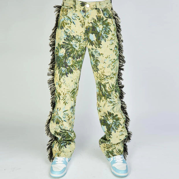 Retro trendy floral tapestry pile pants
