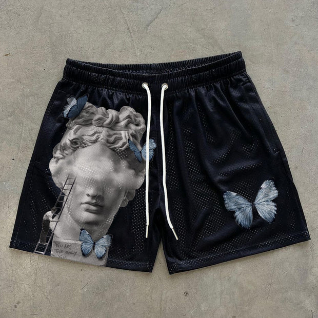 Vintage Sculpture Butterfly Print Shorts