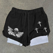 Angel & Cross Print Double Layer Quick Dry Shorts