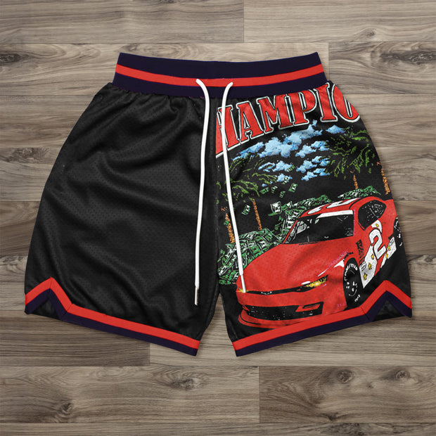 Hip Hop Mesh Shorts with Contrasting Cars