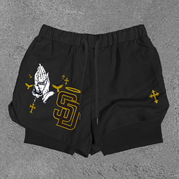 Praying Hands & SD Print Double Layer Shorts
