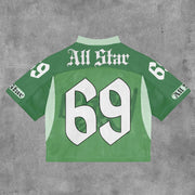All Star No. 69 Mesh Patchwork Printed V-neck T-shirt