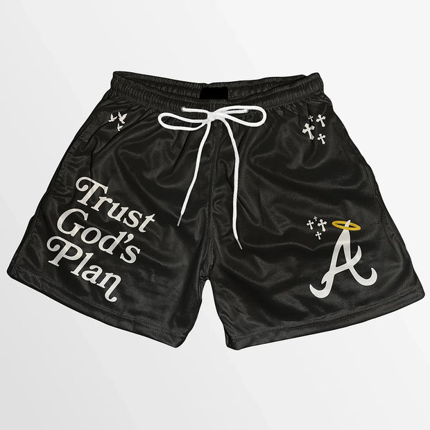 Trust God's Plan graphic-print mesh shorts
