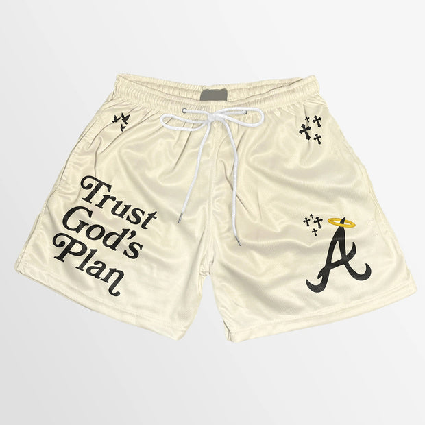 Trust God's Plan graphic-print mesh shorts