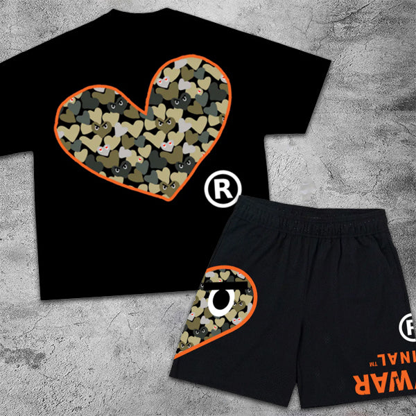 Heart Camo Graphic Print Short Sleeve Two Piece