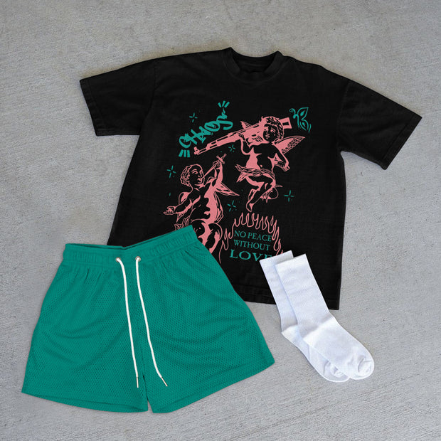 Fashion personality angel print T-shirt sports shorts two-piece set