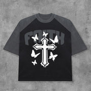 Faith Cross Contrast Color Print Short Sleeve T-Shirt