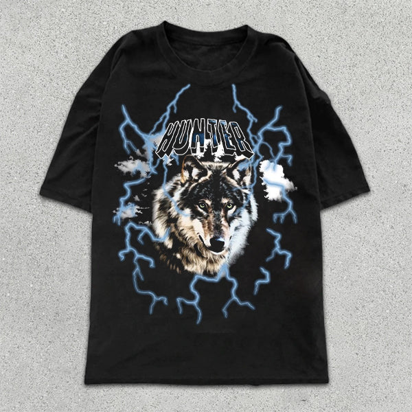 Wolf Lightning Graphic Print Short Sleeve T-Shirt