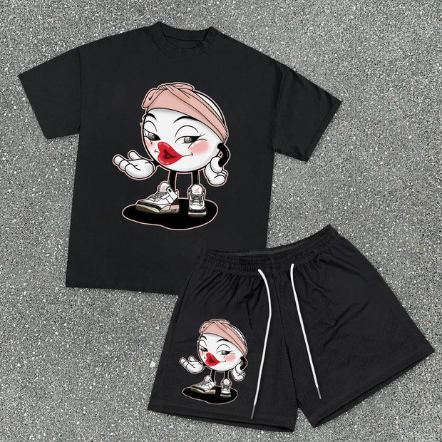 Cartoon Character Mesh Shorts T-Shirt Set