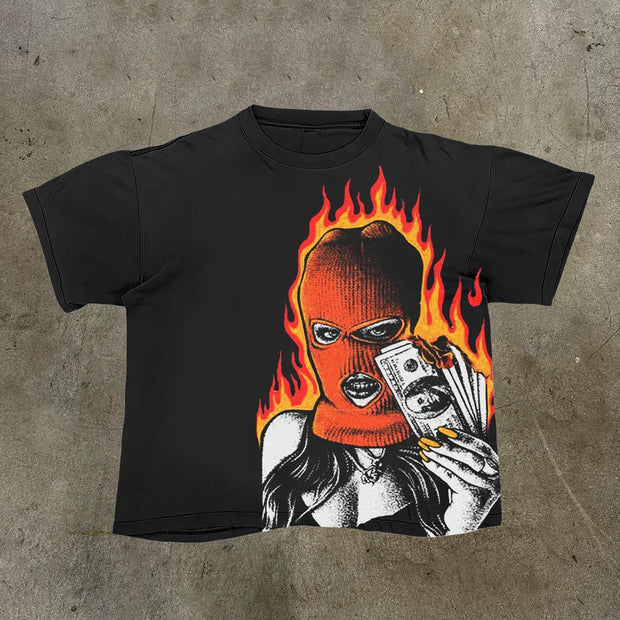 Mask Girl Flame Print Short Sleeve T-Shirt