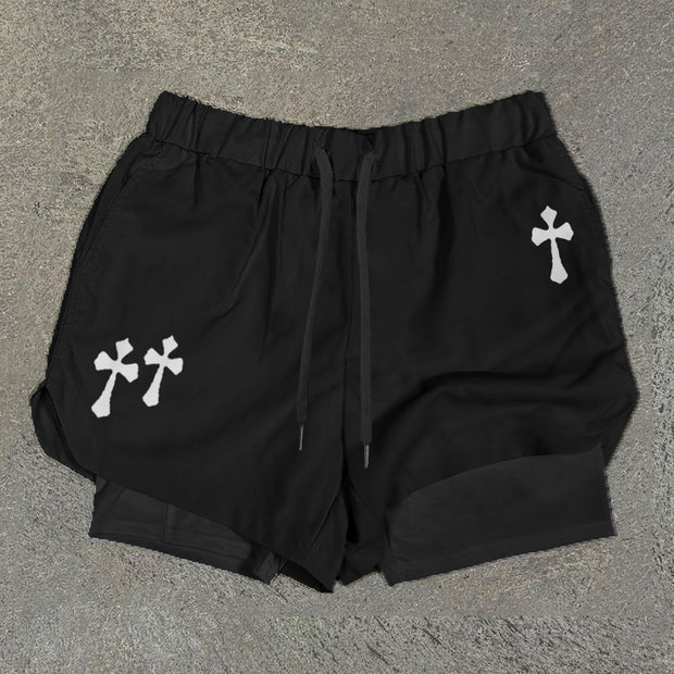 Cross Print Double Layer Quick Dry Shorts