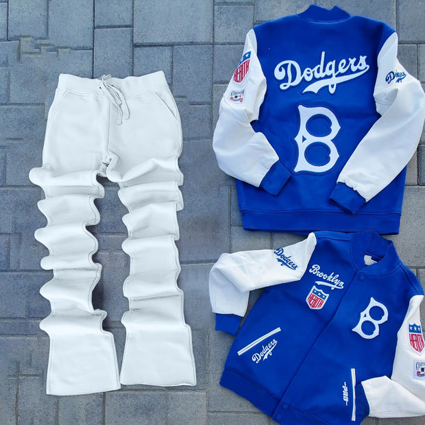 Retro college-style baseball uniform jacket and bell-bottom pants suit