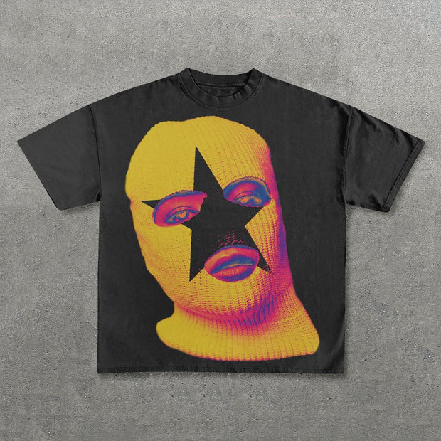 Mask Girl Pentagram Print Short Sleeve T-Shirt