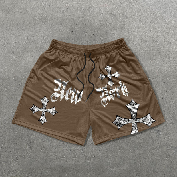 New York Cross Print Mesh Shorts