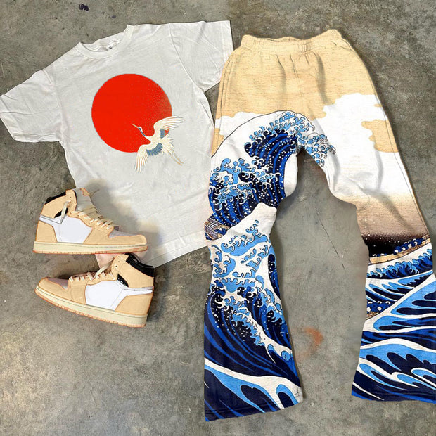 Waves Print T-Shirt Trousers Two-Piece Set