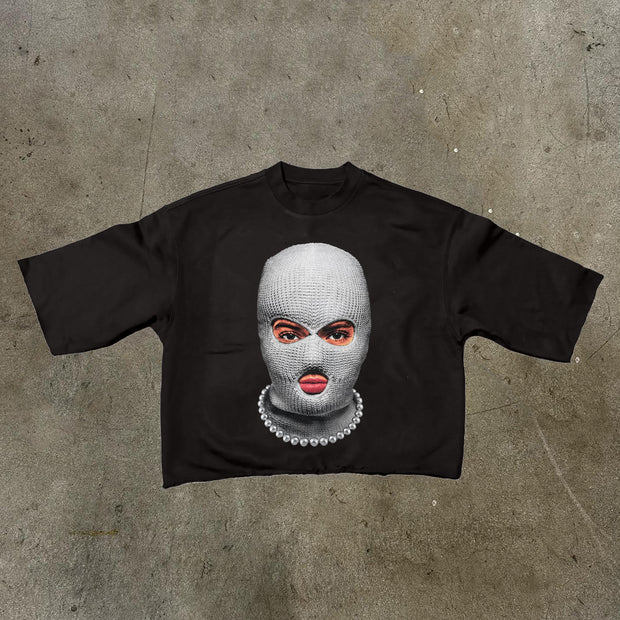 Mask Printed Three-quarter Sleeve T-shirt